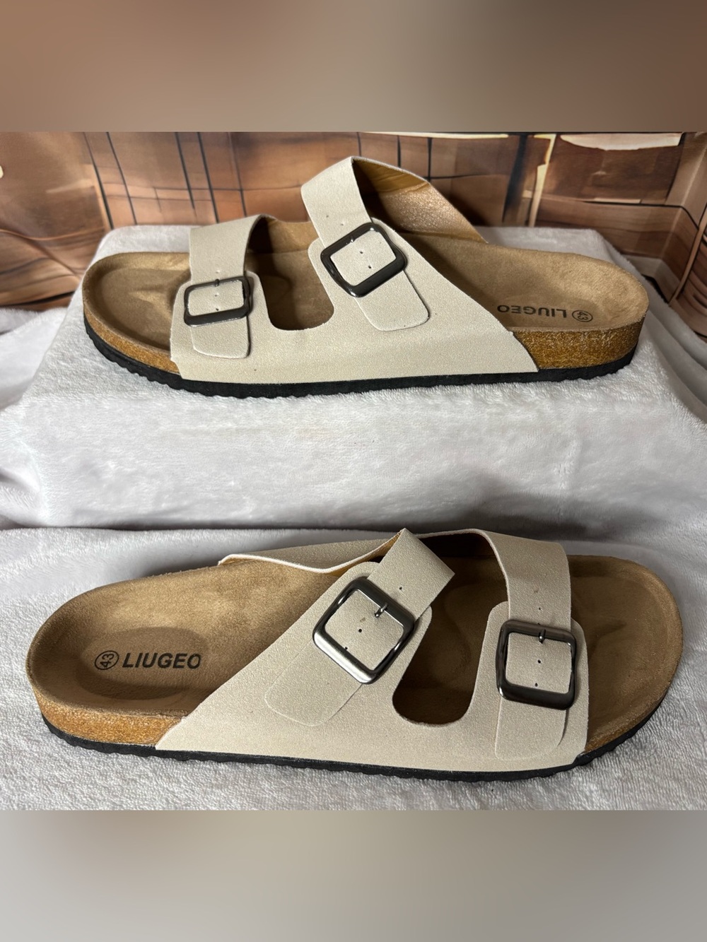 LIUGEO Sand Beige Cork Footbed Double Buckle Slide Sandals EU 43 Men's Size 10